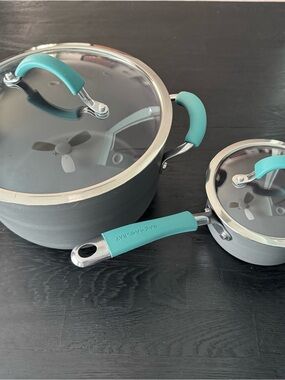 Rachael Ray Gray Nonstick Cookware Set with Teal Handles and Lids